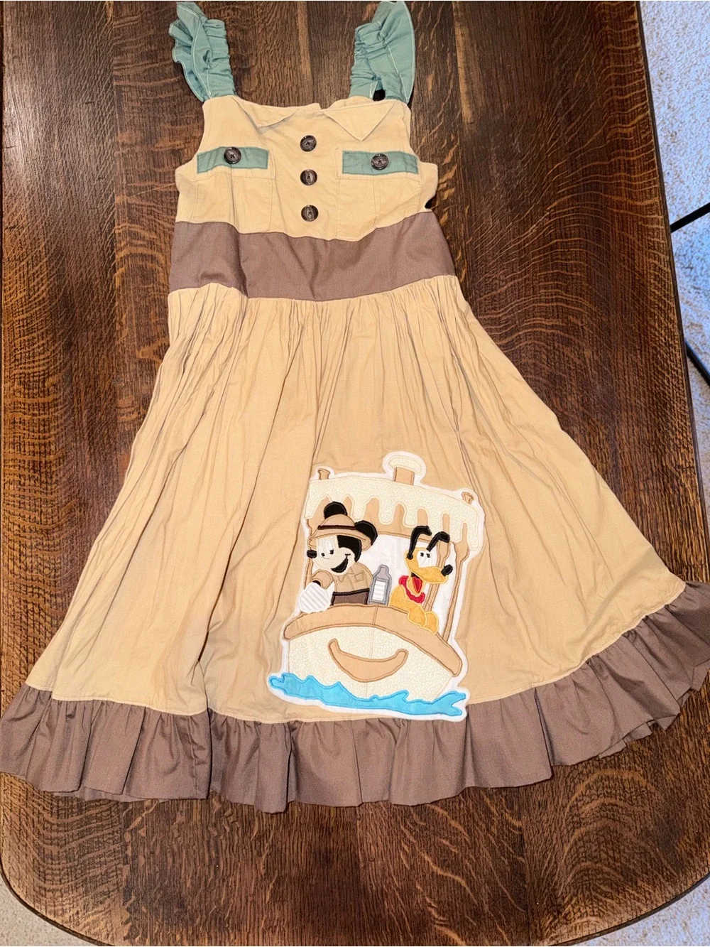 Beige Brown Sailboat Appliqué Sundress with Teal Accents